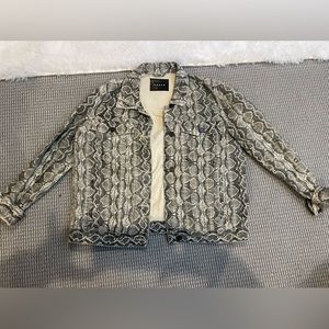 Blank NYC Snakeskin Oversized Denim Trucker Jacket Snake Along Python Print